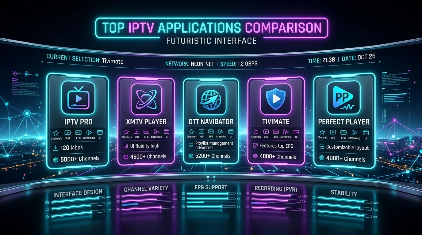 Comparatif meilleure application IPTV TiviMate IPTV Smarters XCIPTV IBO Player